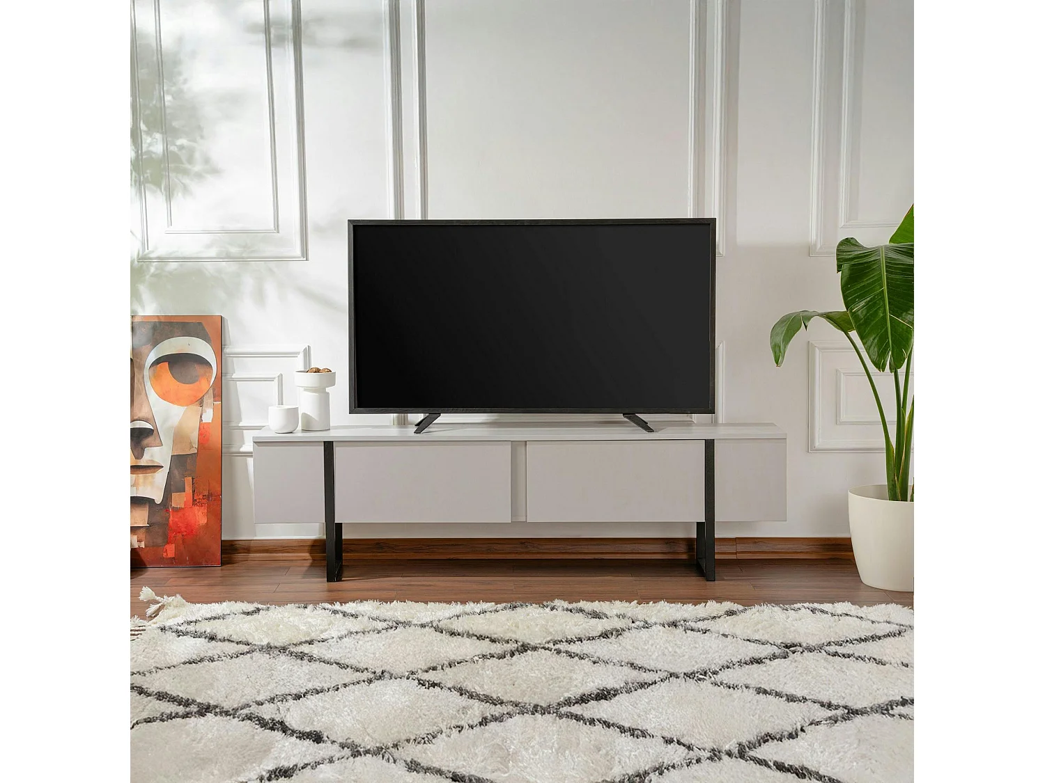 Meuble TV avec rangement - effet gris laqué, pieds noirs JENA