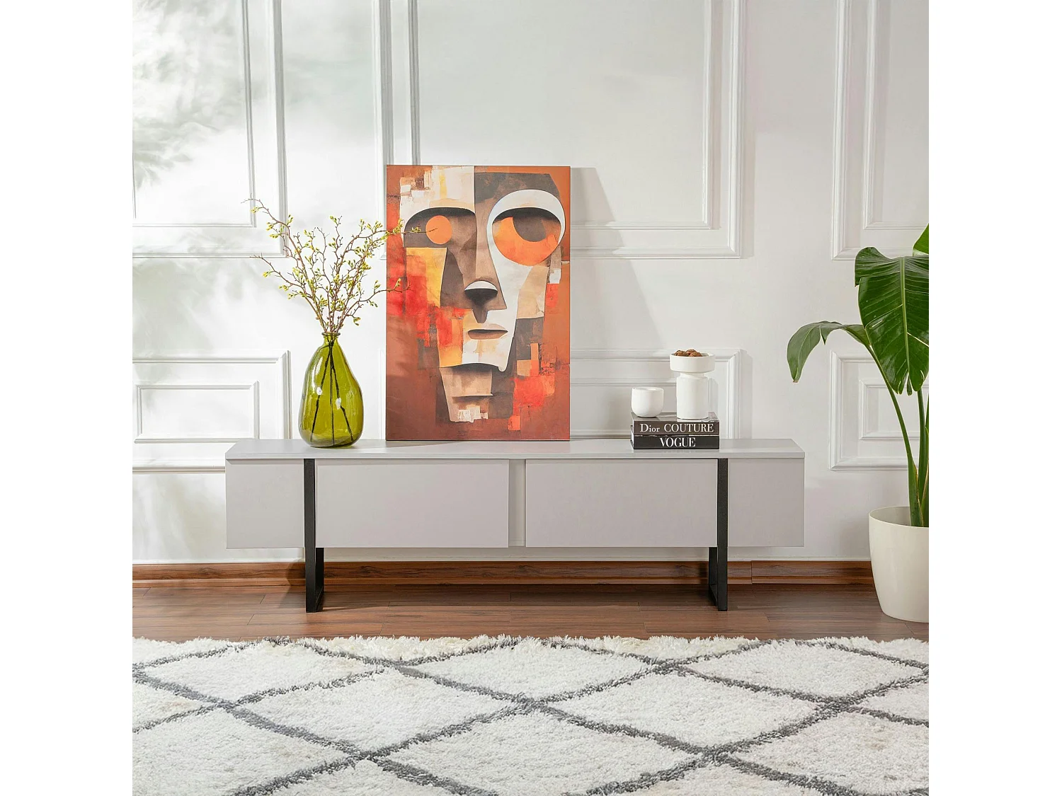 Meuble TV avec rangement - effet gris laqué, pieds noirs JENA