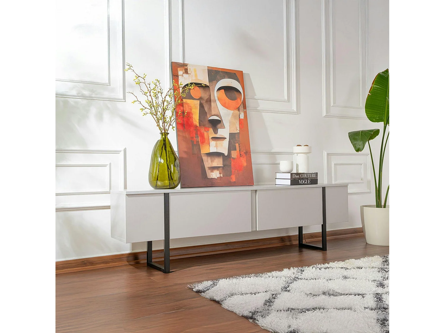 Meuble TV avec rangement - effet gris laqué, pieds noirs JENA