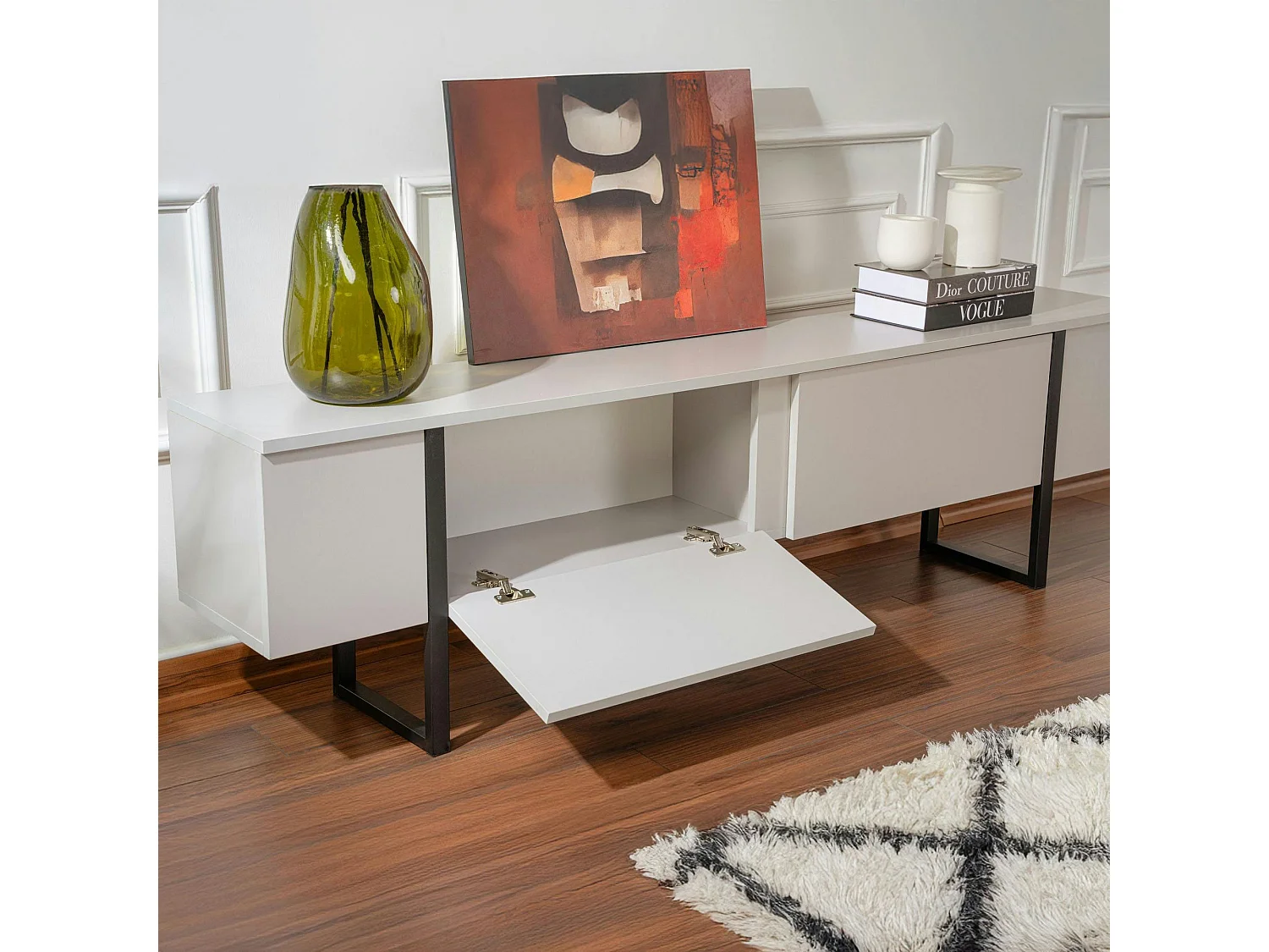 Meuble TV avec rangement - effet gris laqué, pieds noirs JENA