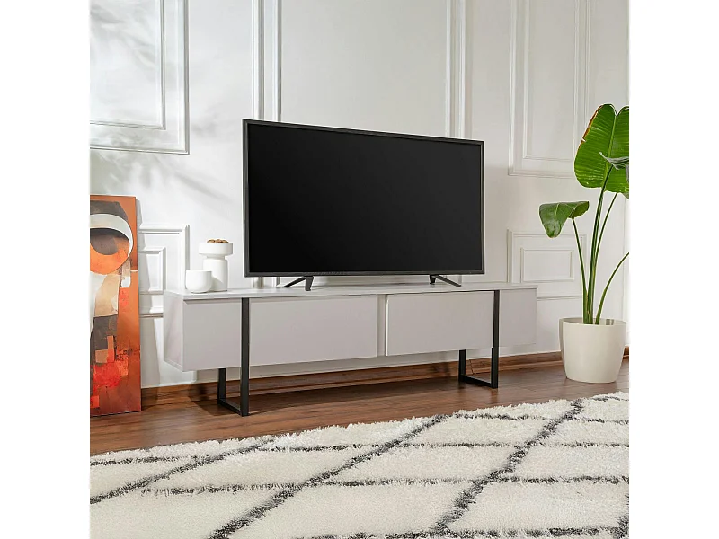 Meuble TV avec rangement - effet gris laqué, pieds noirs JENA