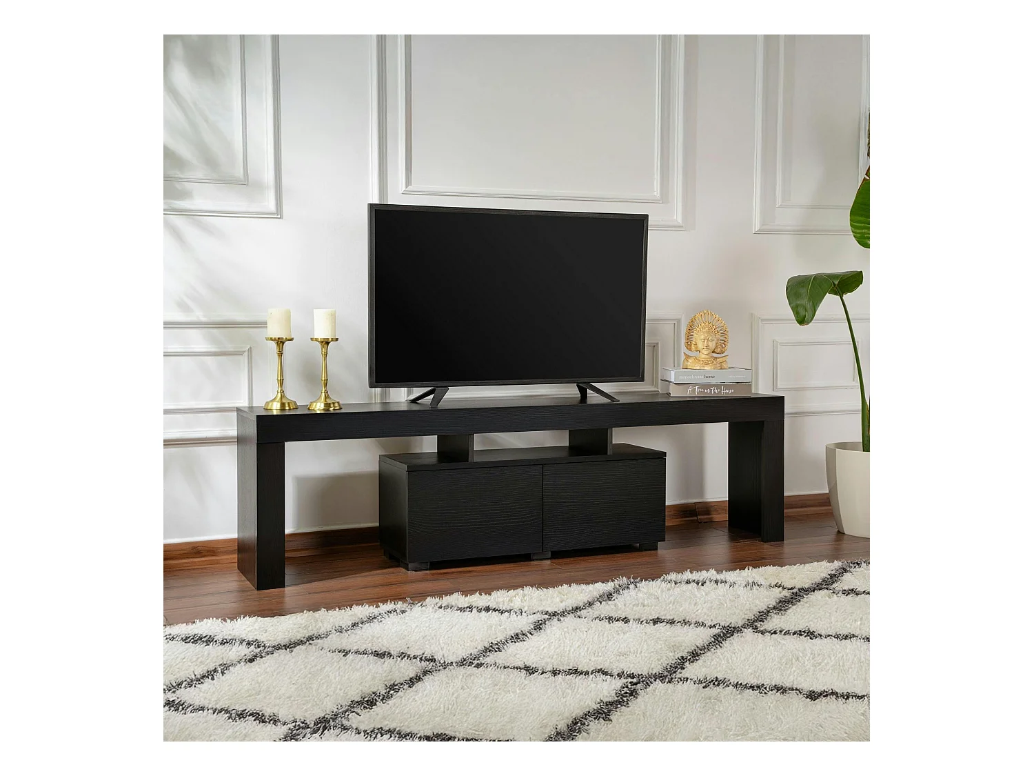 Banc TV moderne noir avec rangement - effet bois MARFA