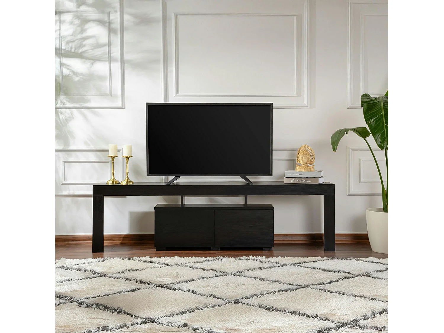 Banc TV moderne noir avec rangement - effet bois MARFA