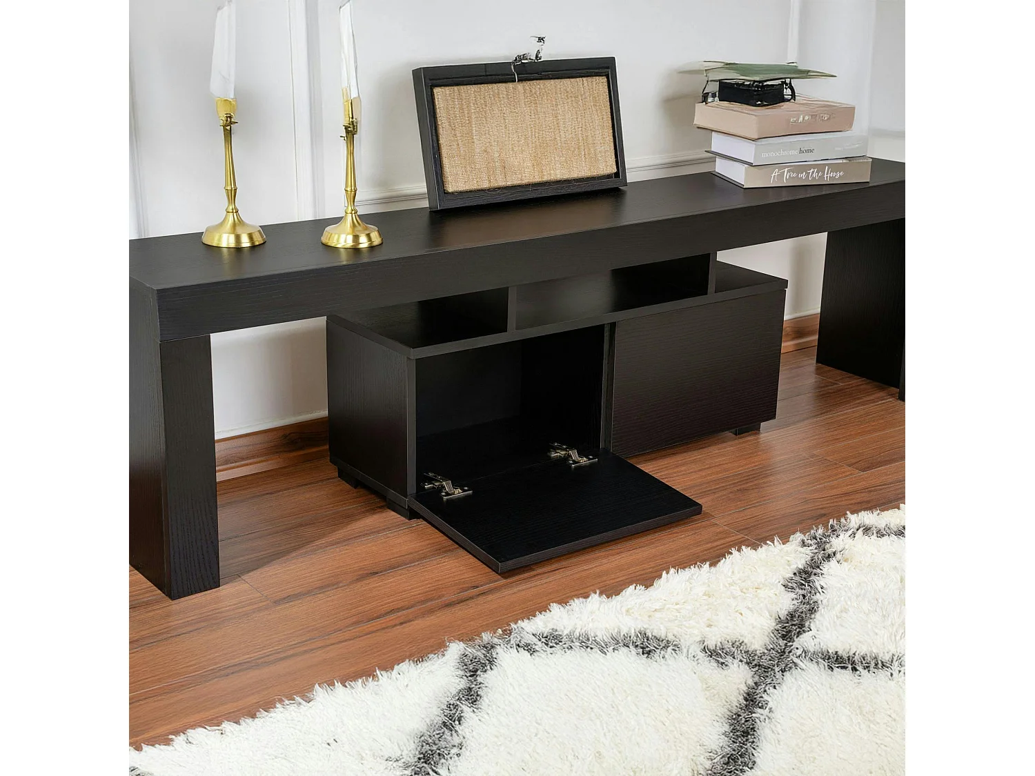 Banc TV moderne noir avec rangement - effet bois MARFA