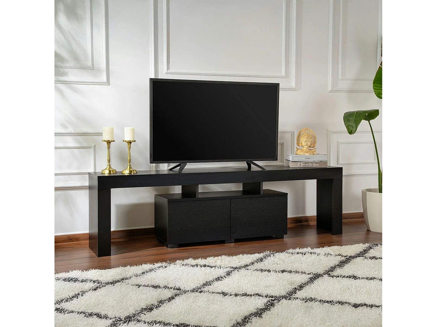 Banc TV moderne noir avec rangement - effet bois MARFA