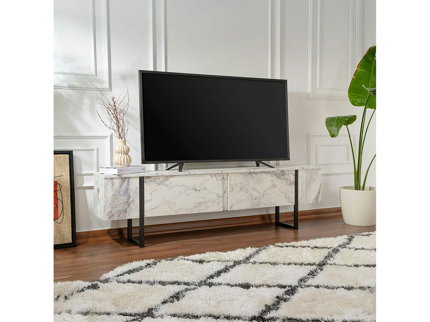 Meuble TV avec rangement - effet marbre, pieds noirs JENA