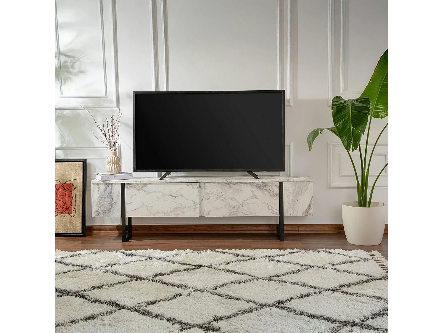 Meuble TV avec rangement - effet marbre, pieds noirs JENA