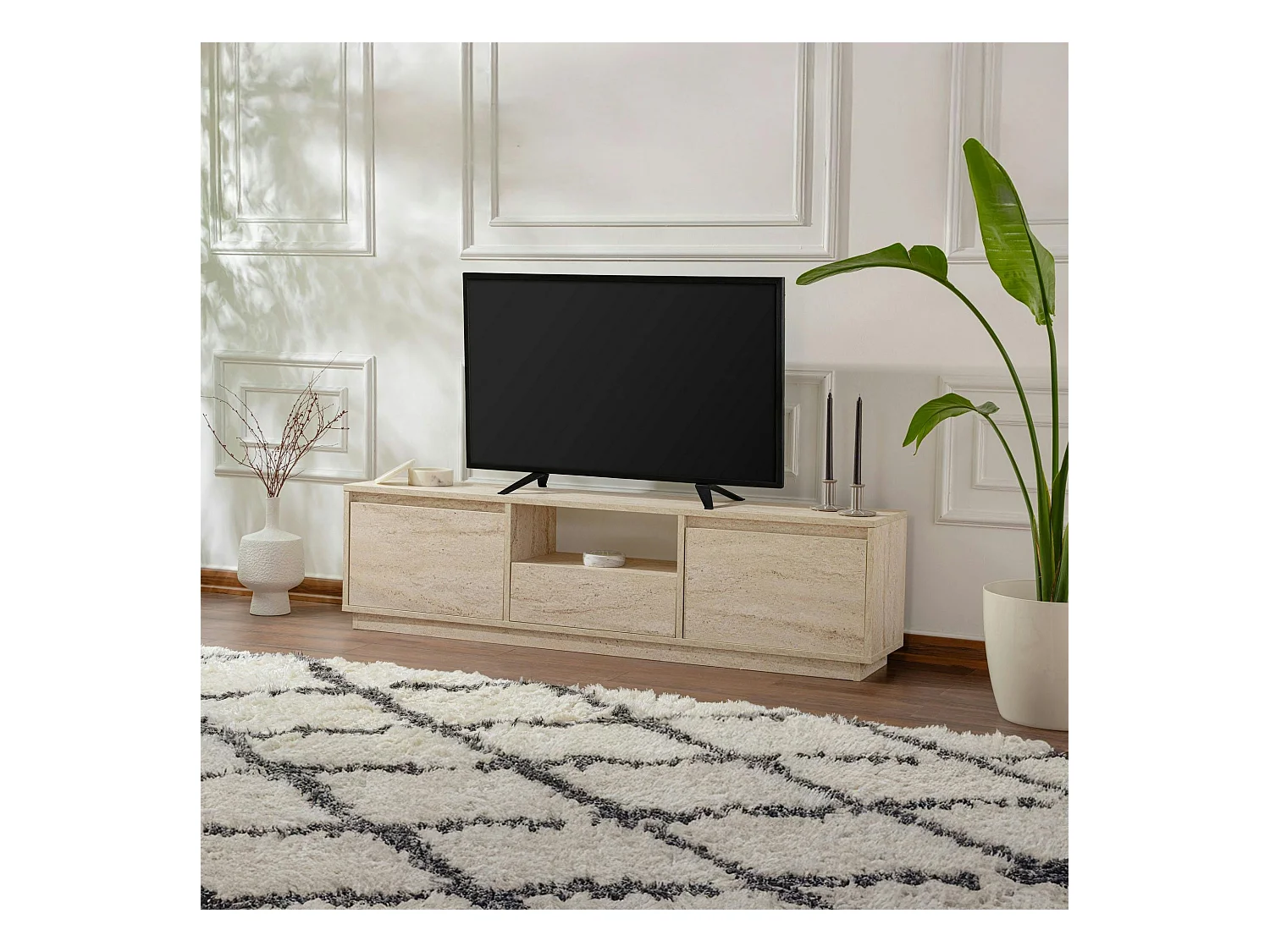 Meuble TV avec rangement - effet travertin MARFA