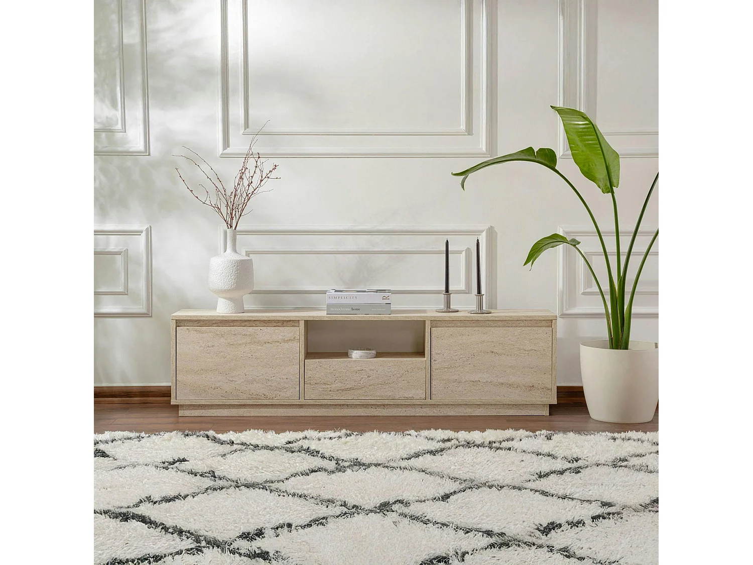 Meuble TV avec rangement - effet travertin MARFA