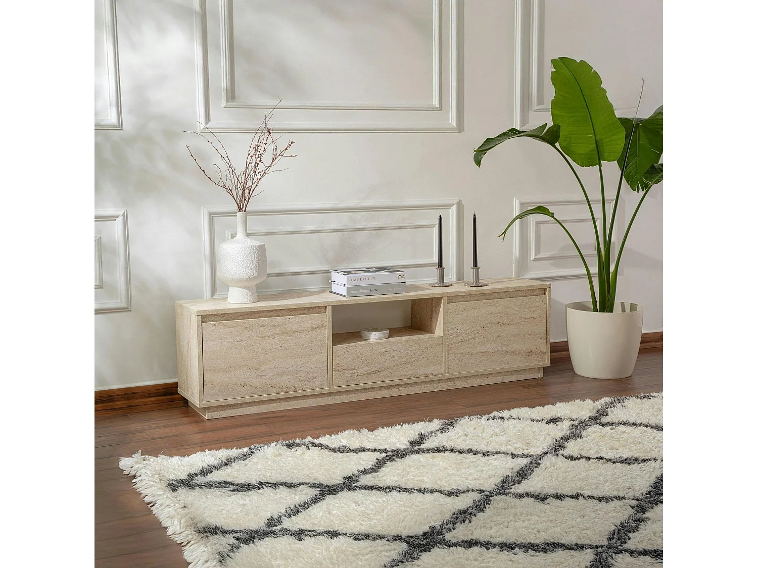 Meuble TV avec rangement - effet travertin MARFA