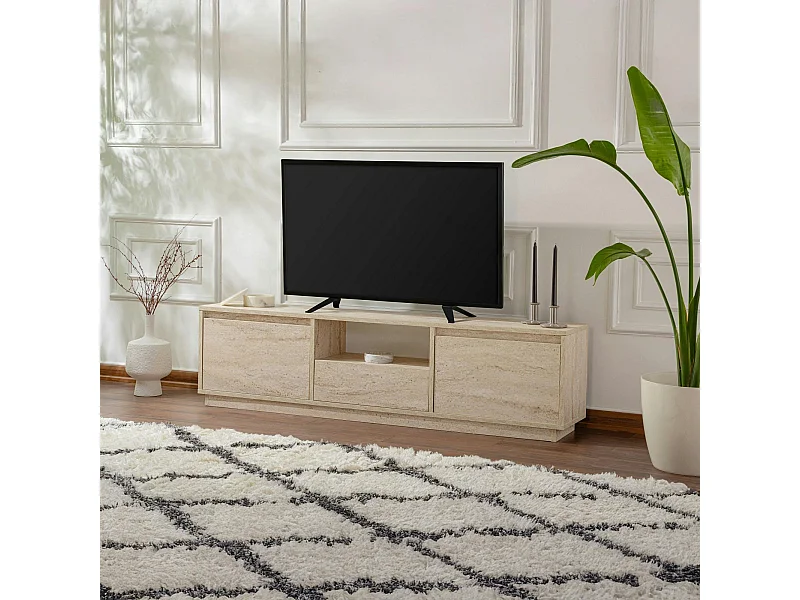 Meuble TV avec rangement - effet travertin MARFA