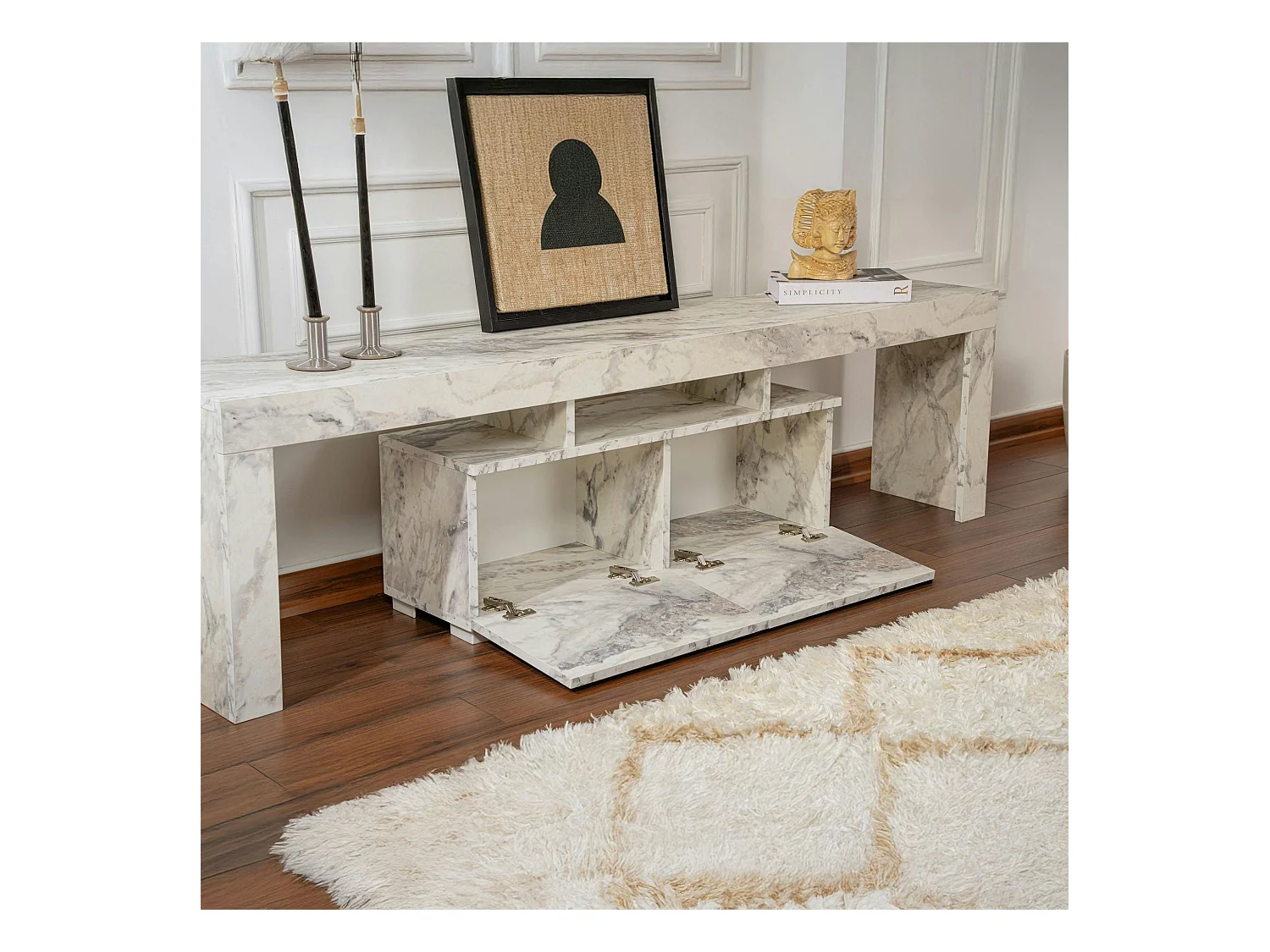 Banc TV moderne avec rangement - effet marbre MARFA