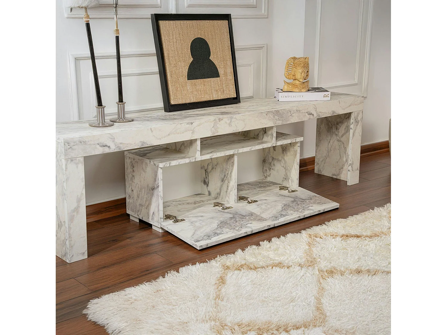 Banc TV moderne avec rangement - effet marbre MARFA