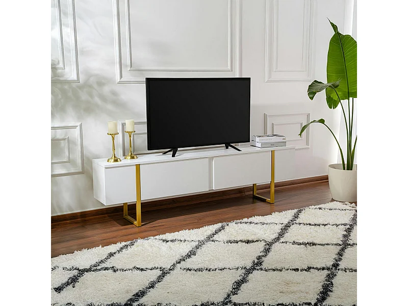 Meuble TV blanc avec rangement - effet laque, pieds dorés JENA