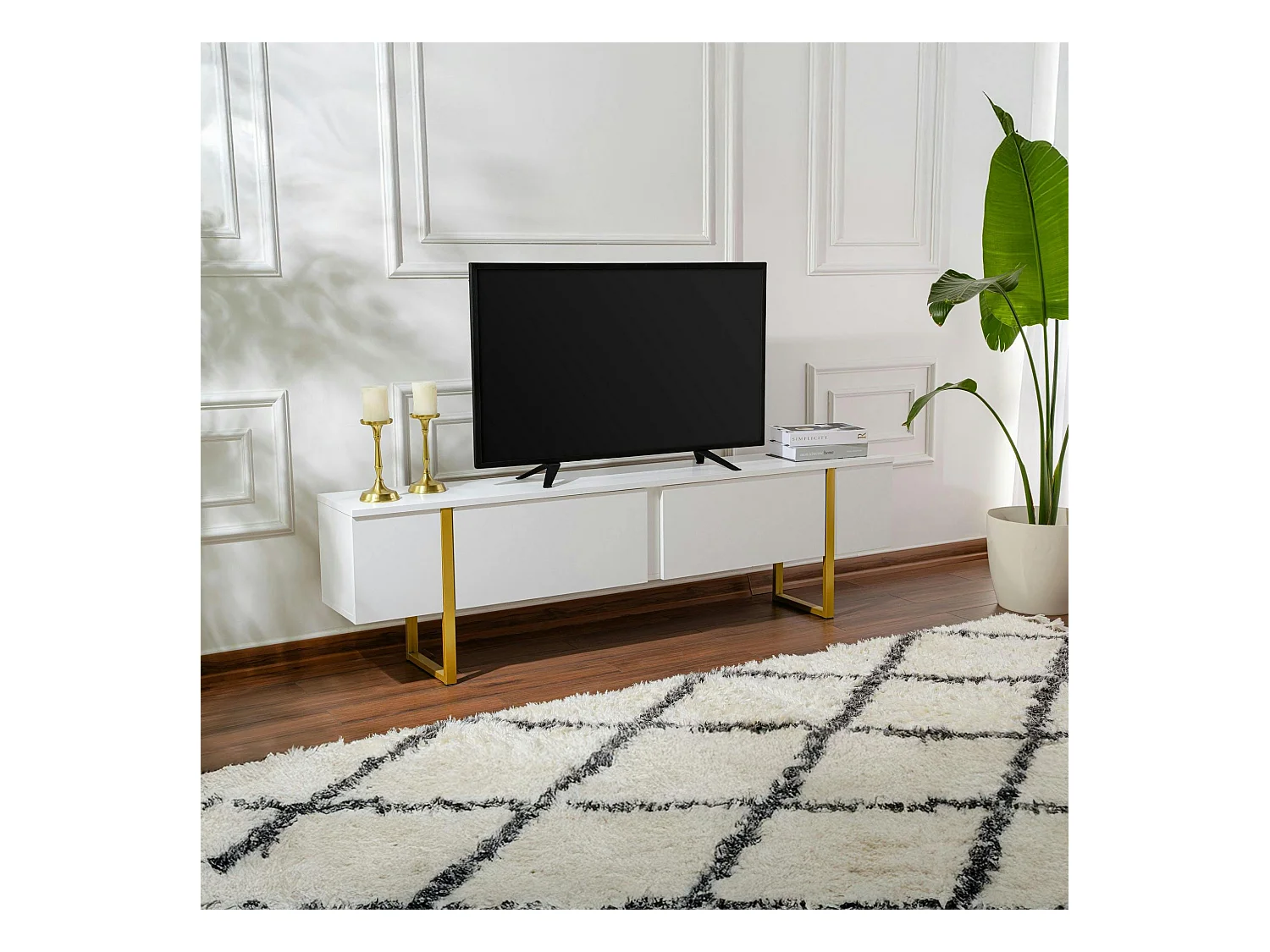 Meuble TV blanc avec rangement - effet laque, pieds dorés JENA