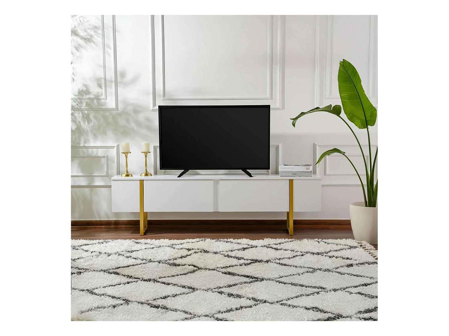 Meuble TV blanc avec rangement - effet laque, pieds dorés JENA