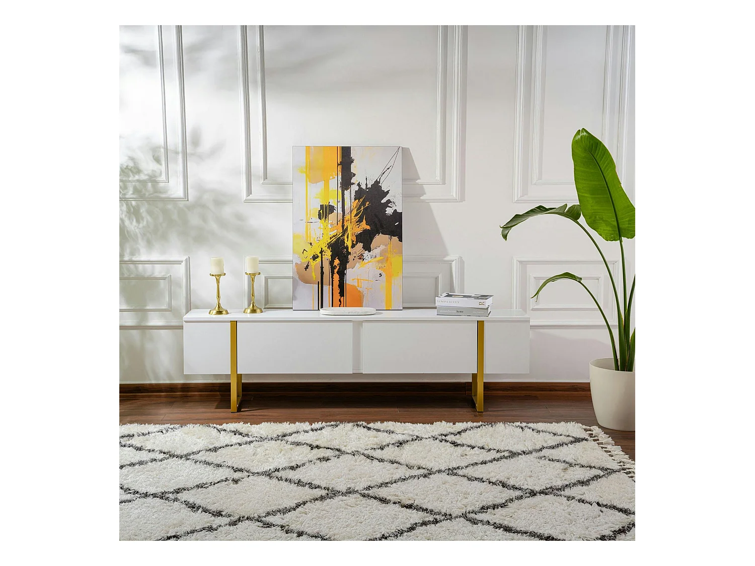 Meuble TV blanc avec rangement - effet laque, pieds dorés JENA