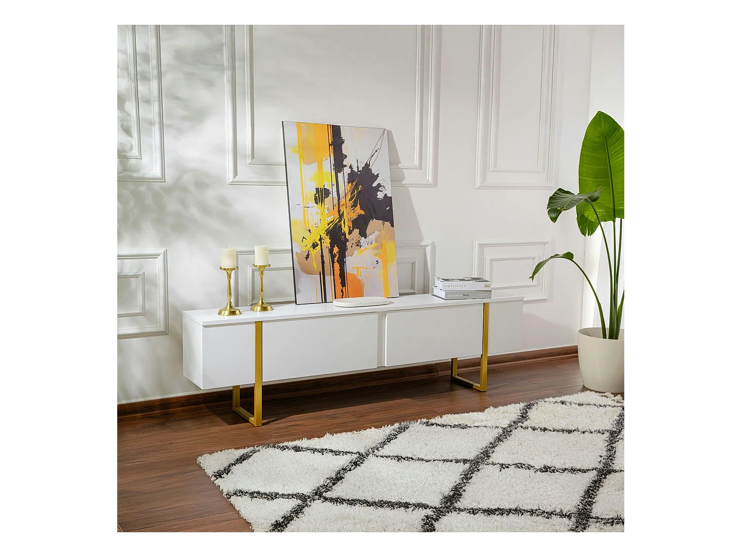 Meuble TV blanc avec rangement - effet laque, pieds dorés JENA