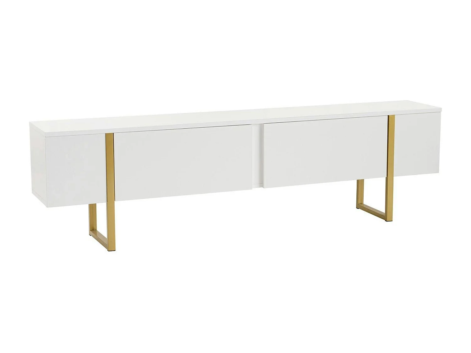 Meuble TV blanc avec rangement - effet laque, pieds dorés JENA