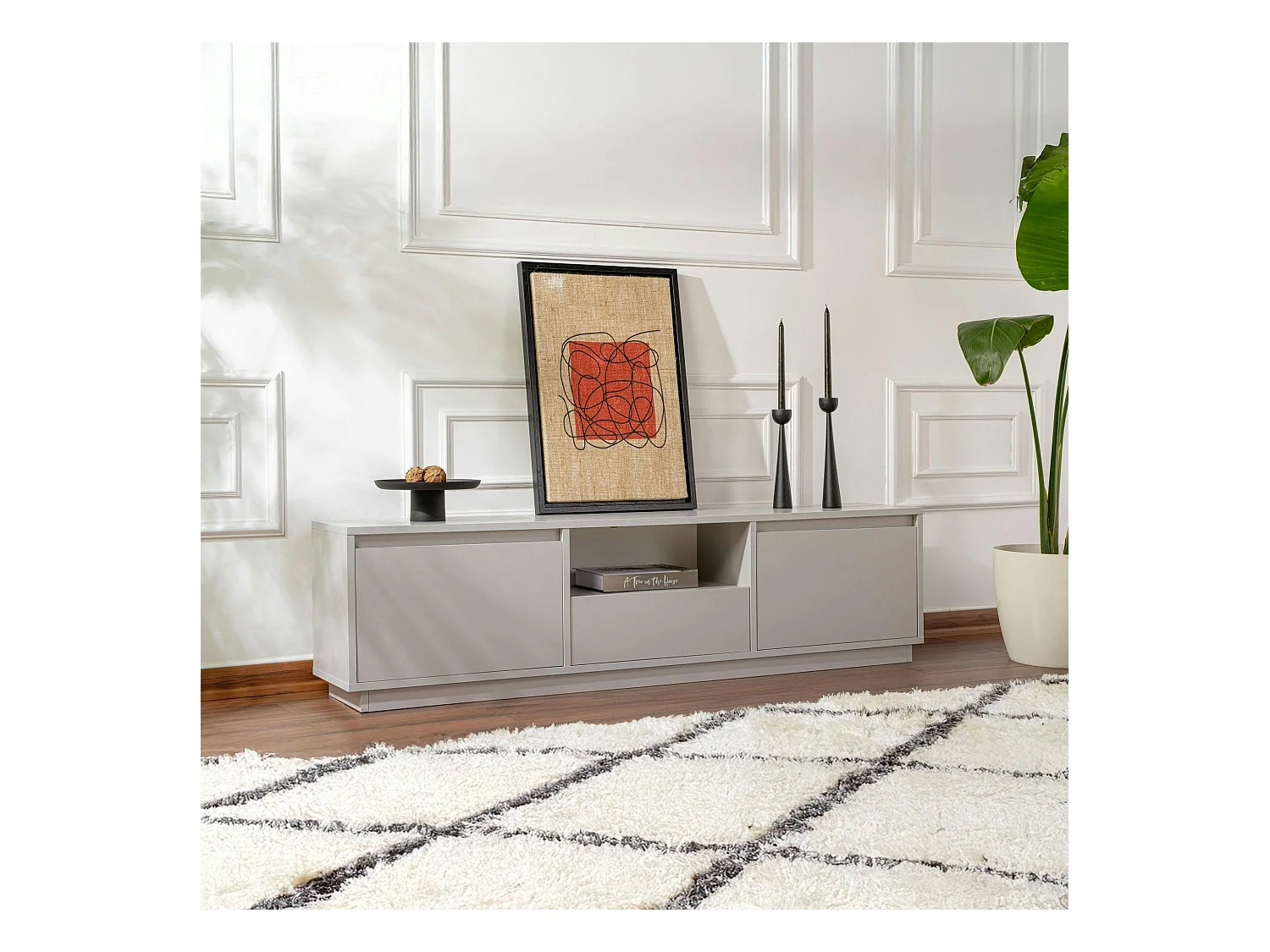 Meuble TV avec rangement - gris effet laque MARFA