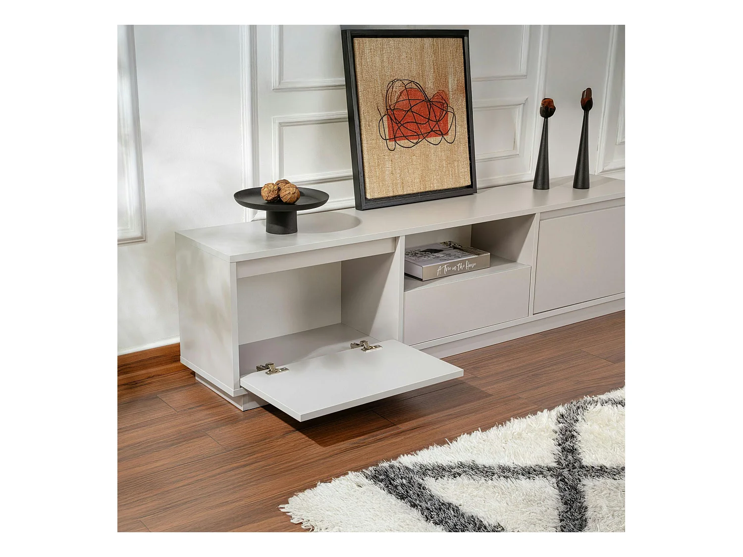 Meuble TV avec rangement - gris effet laque MARFA