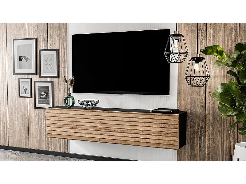 AX LIVING Lowboard TV ZIVOLLI 160 cm Schwarz Wotan Eiche Riffel-Front