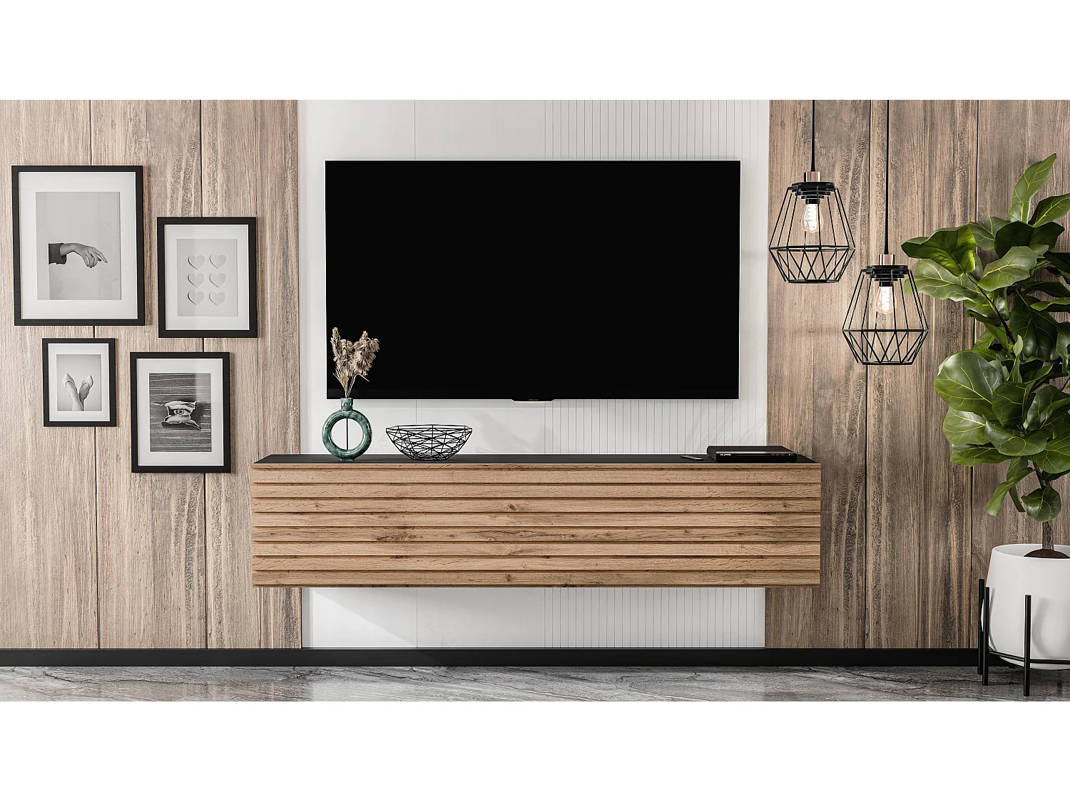 AX LIVING Meuble TV suspendu ZIVOLLI 160 cm façade à lamelles noir/chêne Wotan