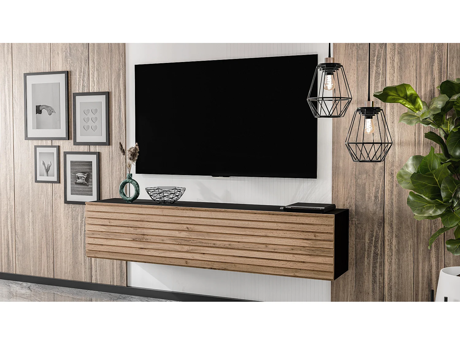 AX LIVING Meuble TV suspendu ZIVOLLI 160 cm façade à lamelles noir/chêne Wotan