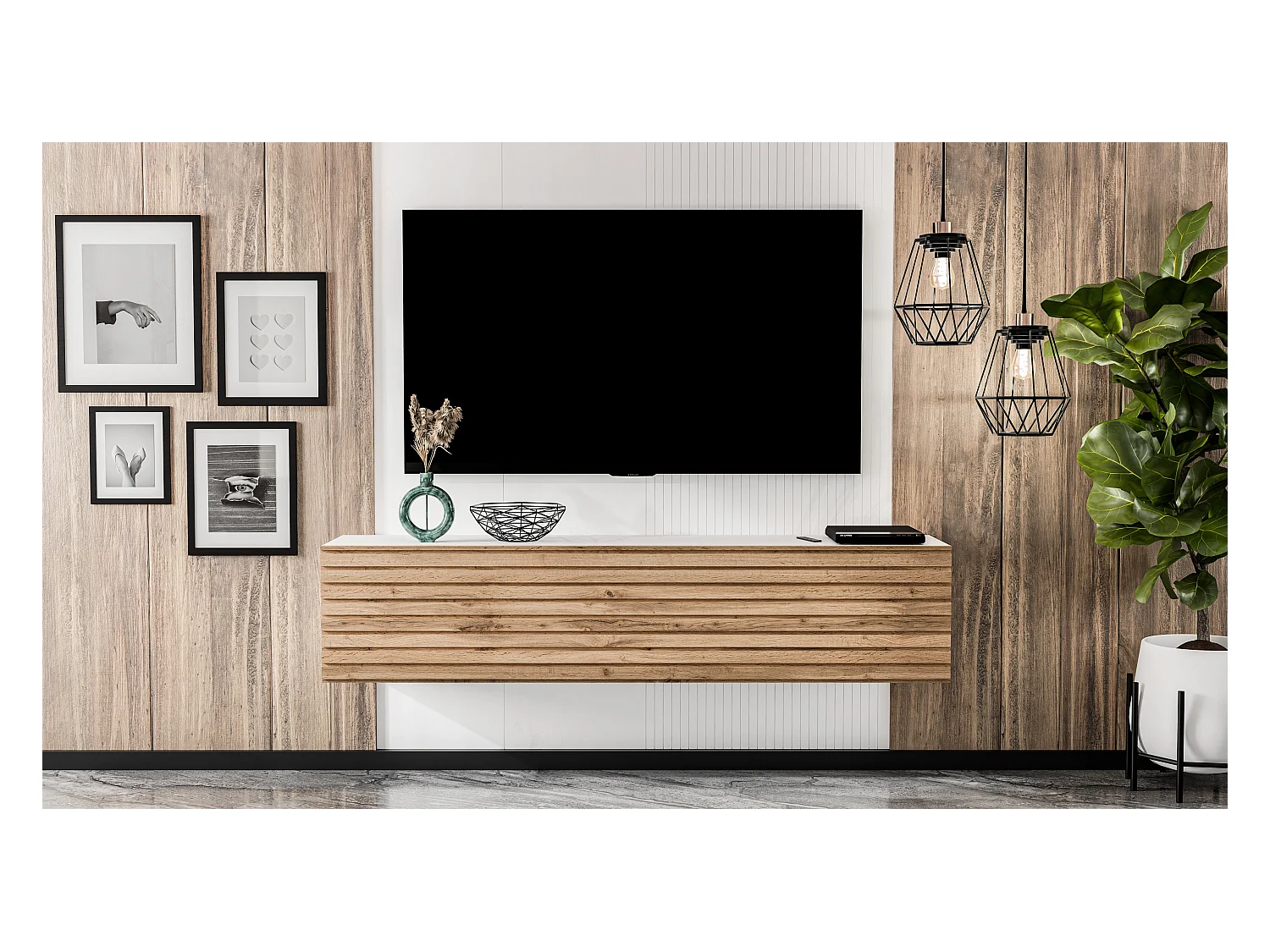 AX LIVING Lowboard TV ZIVOLLI 160cm Weiß mit Wotan Eiche Riffel-Front