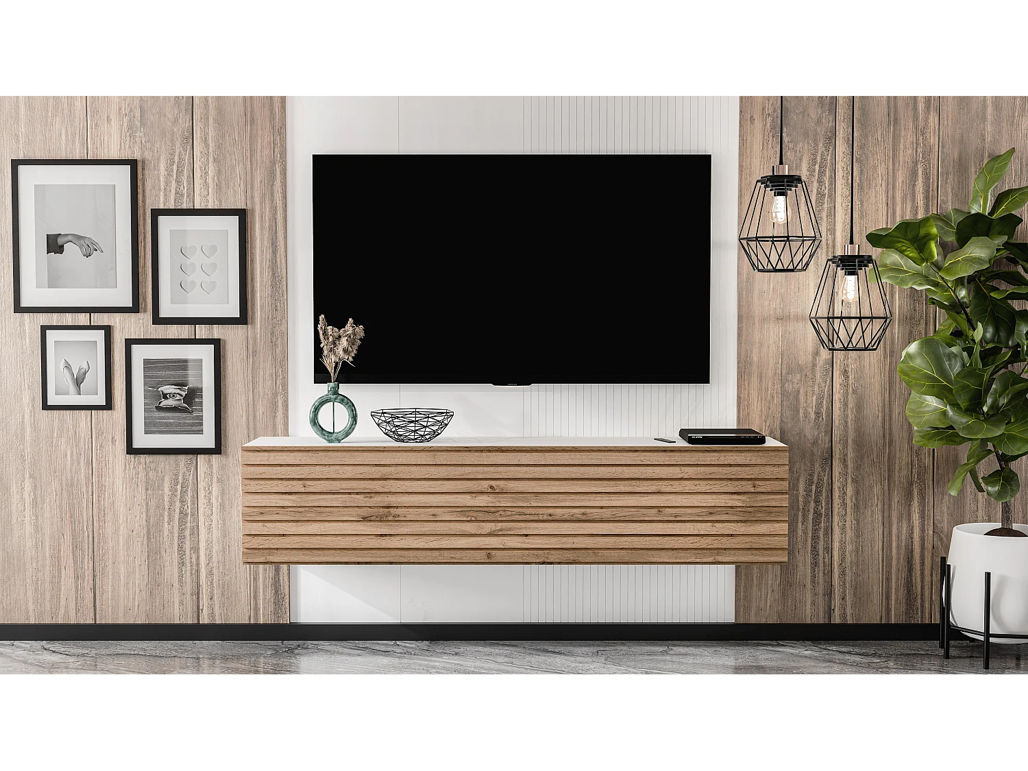AX LIVING Meuble TV suspendu ZIVOLLI 160 cm façade à lamelles blanc/chêne Wotan
