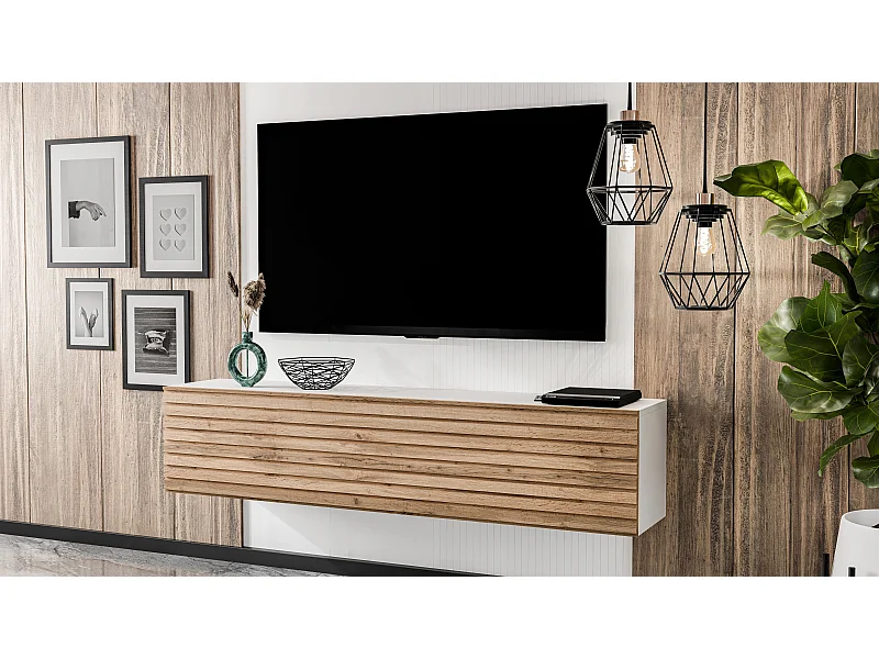 AX LIVING Lowboard TV ZIVOLLI 160cm Weiß mit Wotan Eiche Riffel-Front
