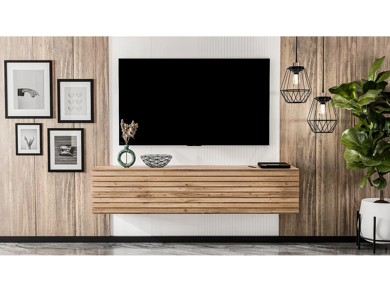 AX LIVING Lowboard TV ZIVOLLI 160 cm Wotan Eiche Riffel-Front Sideboard TV