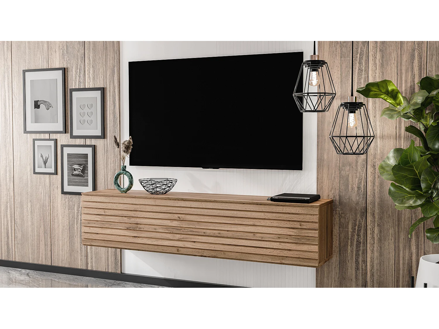 AX LIVING Meuble TV suspendu ZIVOLLI 160 cm façade à lamelles chêne Wotan