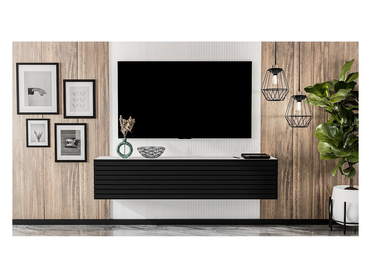 AX LIVING tv kast ZIVOLLI 160 wit met zwarte ribbel tv meubel zwevend