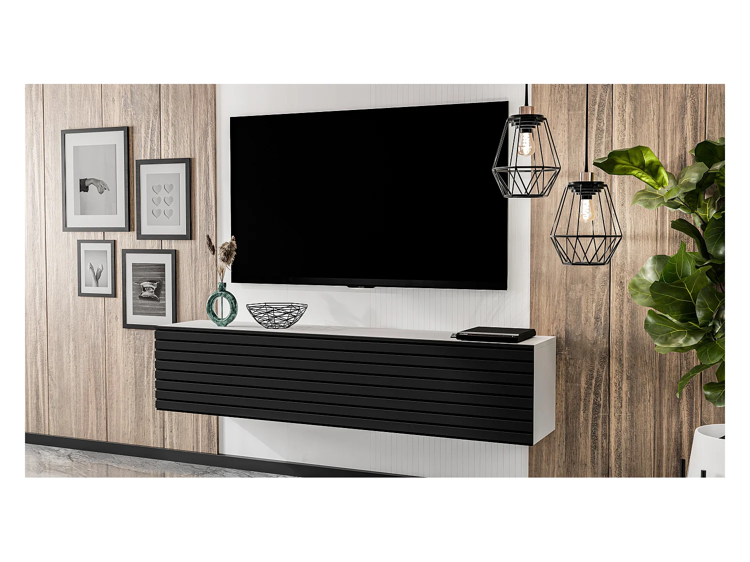 AX LIVING Lowboard TV ZIVOLLI 160 cm Weiß mit schwarzer Riffel-Front