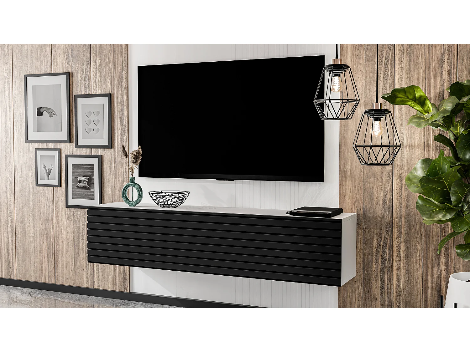 AX LIVING Lowboard TV ZIVOLLI 160 cm Weiß mit schwarzer Riffel-Front