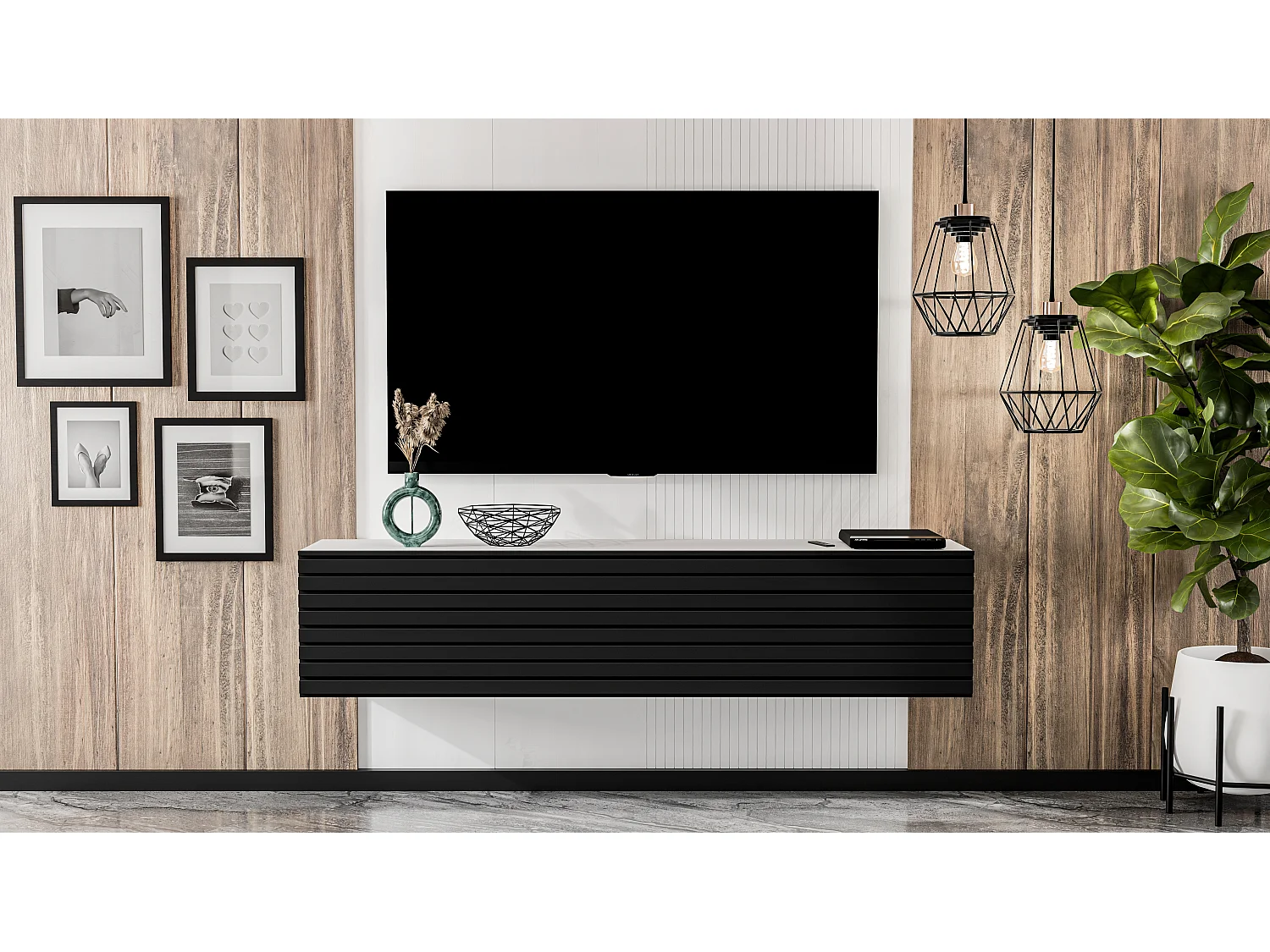 AX LIVING Lowboard TV ZIVOLLI 160 cm Weiß mit schwarzer Riffel-Front