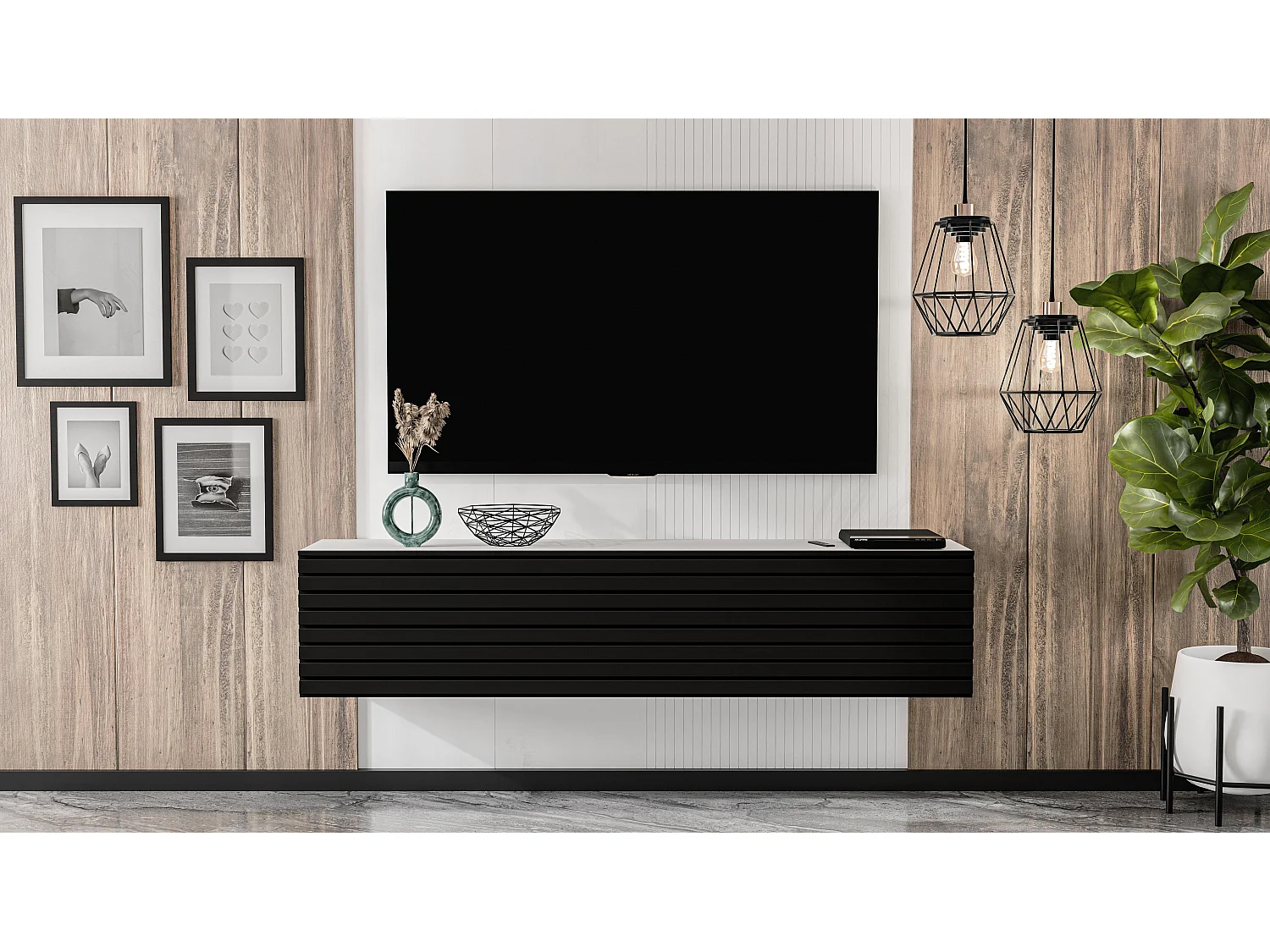 AX LIVING Meuble TV suspendu ZIVOLLI 160 cm façade à lamelles blanc/noir