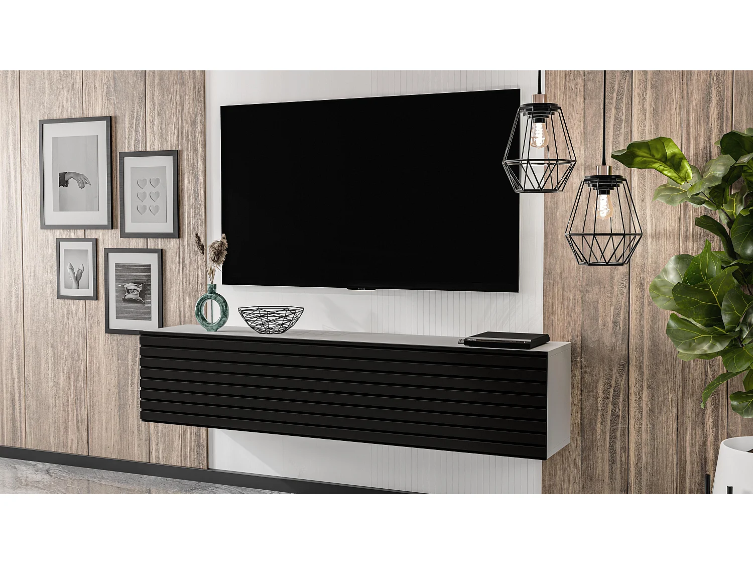 AX LIVING Meuble TV suspendu ZIVOLLI 160 cm façade à lamelles blanc/noir