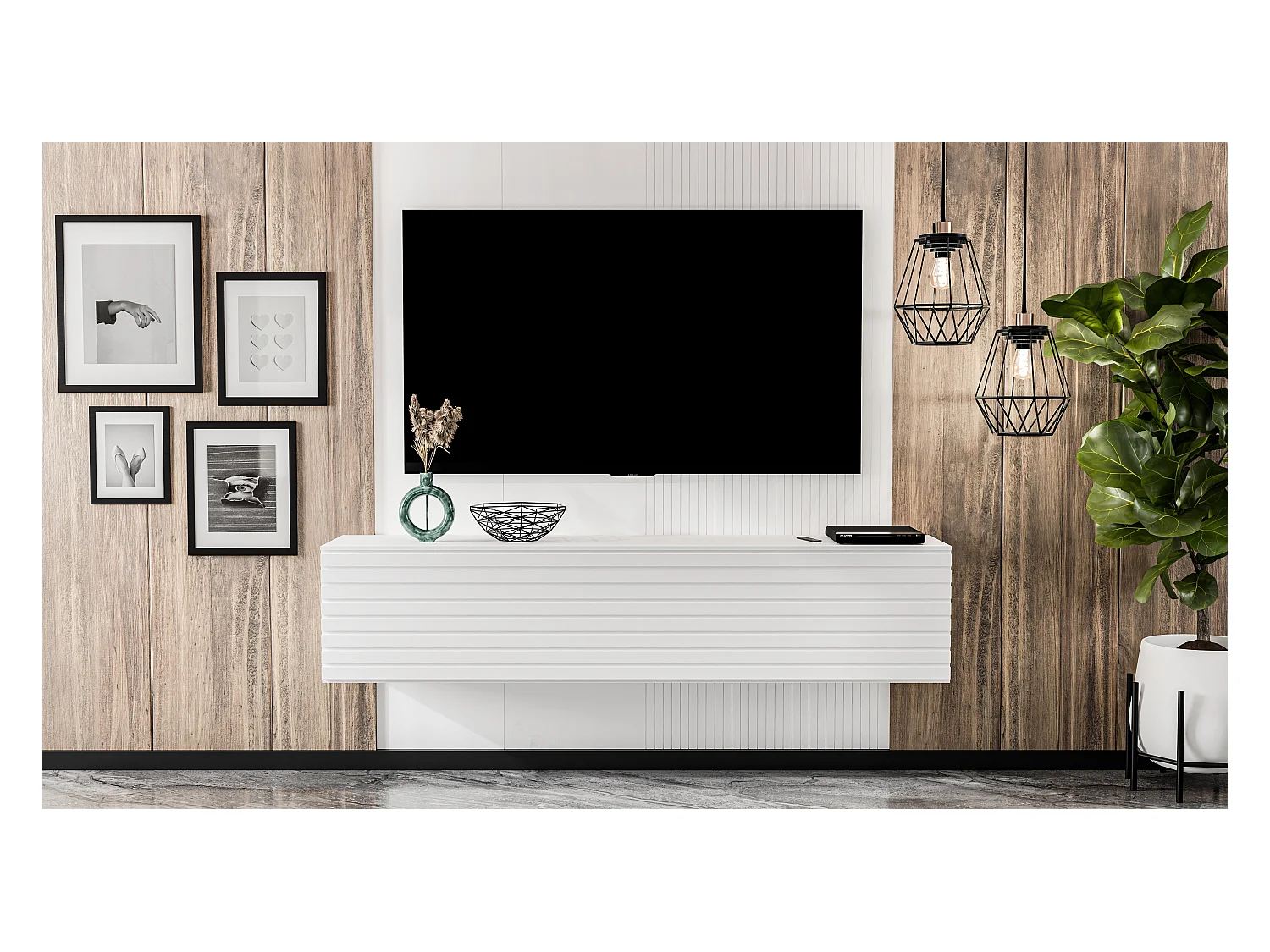 AX LIVING Lowboard TV ZIVOLLI 160 cm Weiß Riffel-Front Sideboard TV