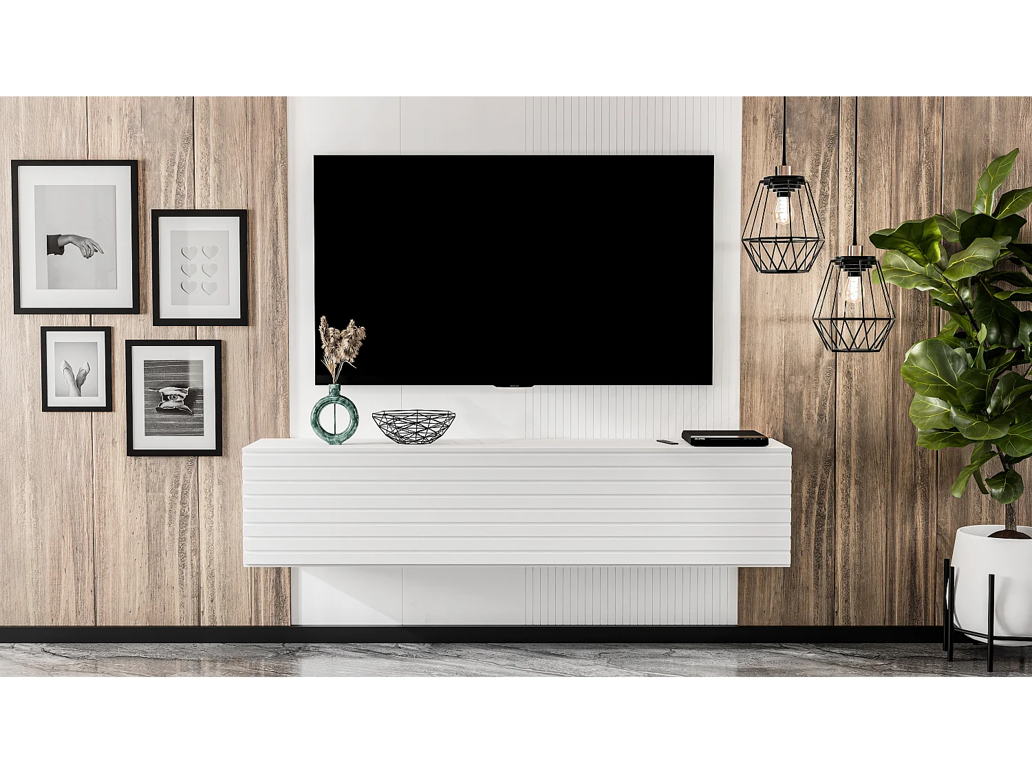 AX LIVING Lowboard TV ZIVOLLI 160 cm Weiß Riffel-Front Sideboard TV
