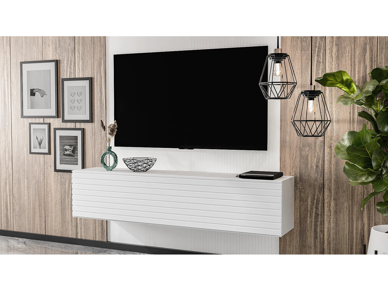 AX LIVING Meuble TV suspendu ZIVOLLI 160 cm façade à lamelles blanc/blanc