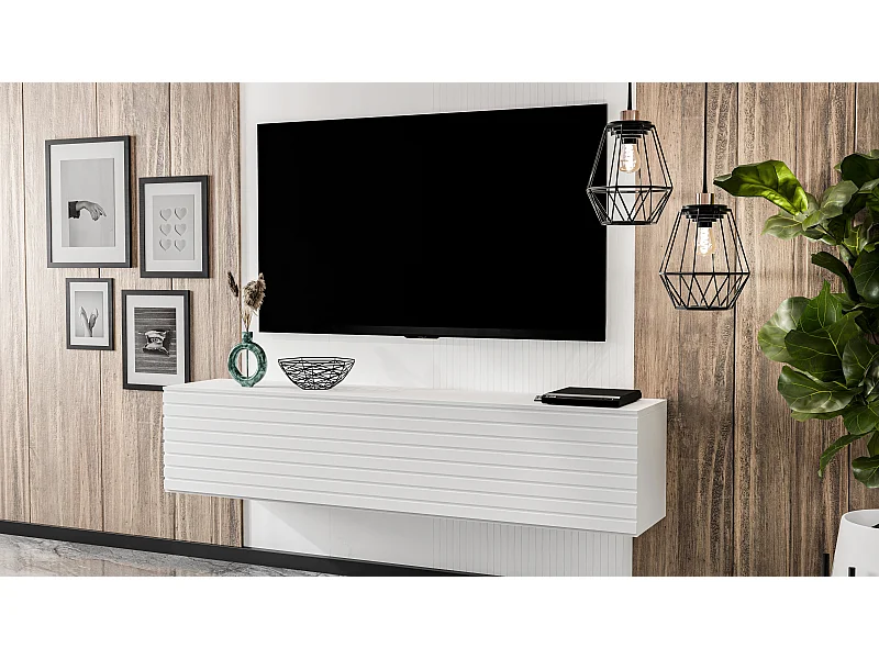 AX LIVING meuble TV bas ZIVOLLI 160 blanc avec façade rainurée