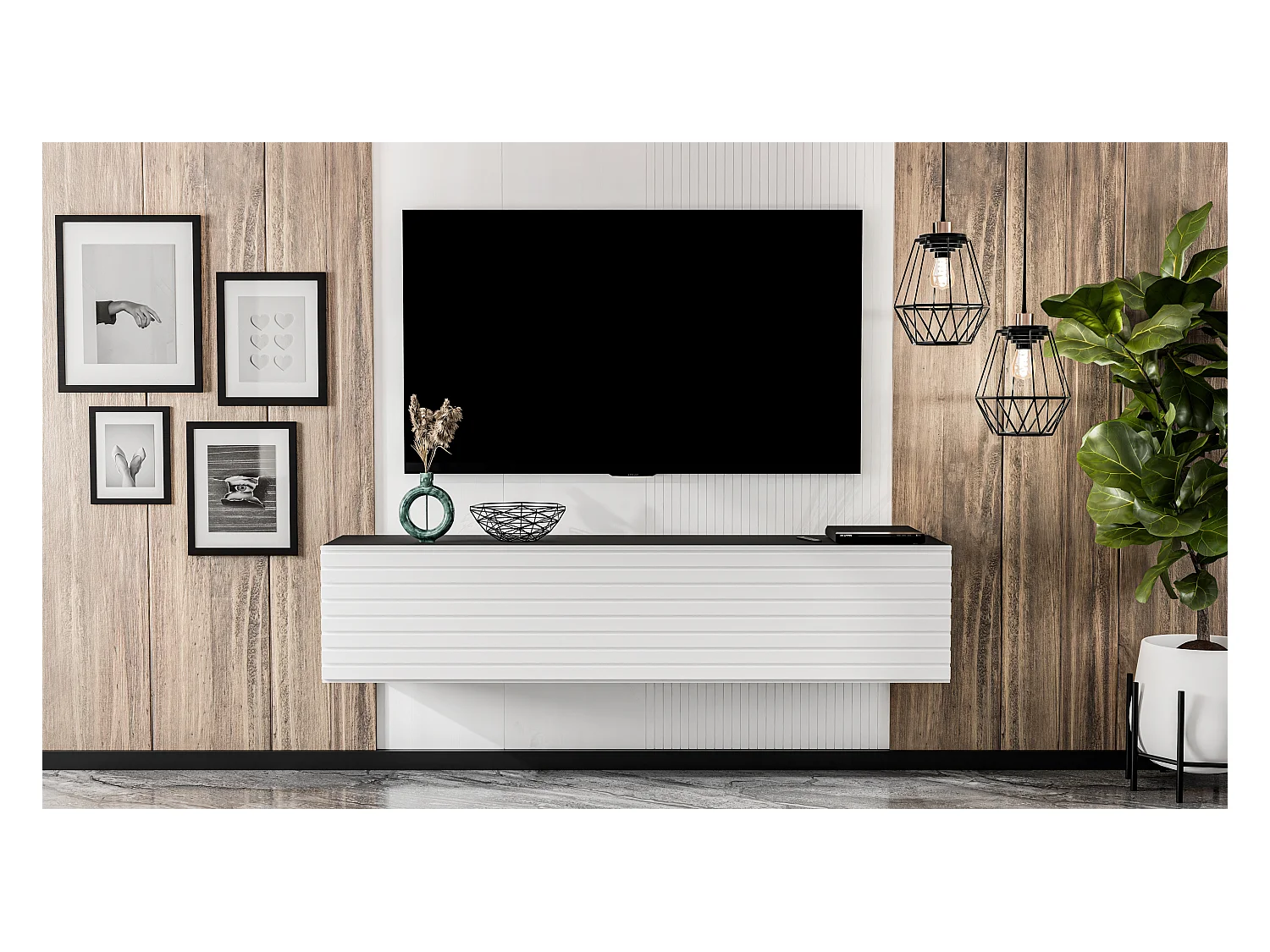 AX LIVING tv kast ZIVOLLI 160 zwart met witte ribbel tv meubel zwevend