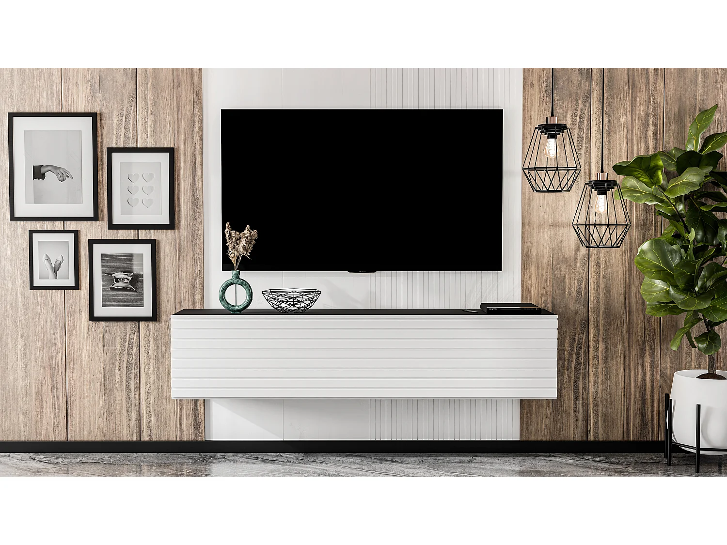 AX LIVING tv kast ZIVOLLI 160 zwart met witte ribbel tv meubel zwevend