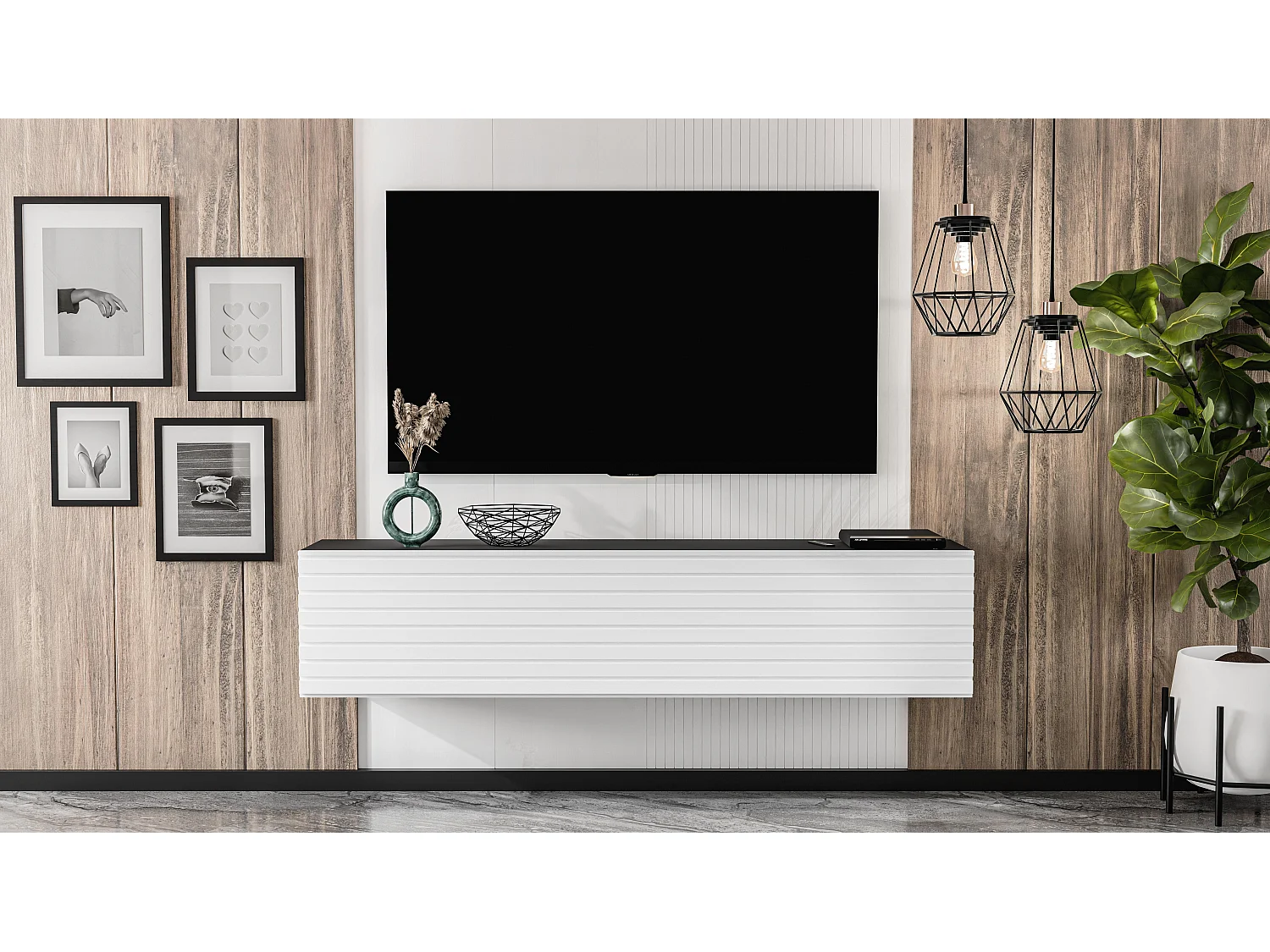 AX LIVING Meuble TV suspendu ZIVOLLI 160 cm façade à lamelles noir/blanc