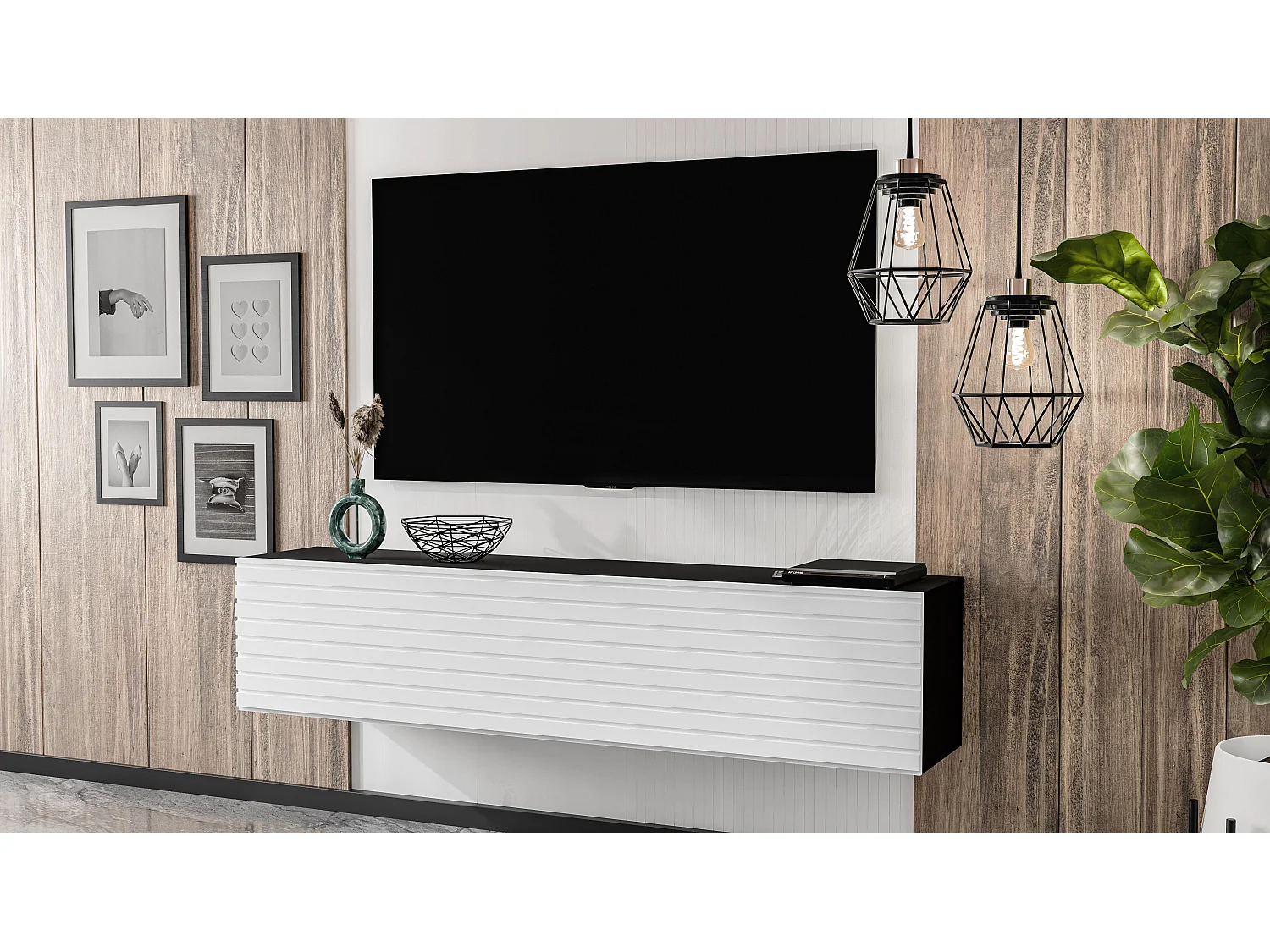 AX LIVING Meuble TV suspendu ZIVOLLI 160 cm façade à lamelles noir/blanc