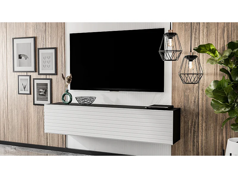 AX LIVING Lowboard TV ZIVOLLI 160 cm Schwarz mit weißer Riffel-Front