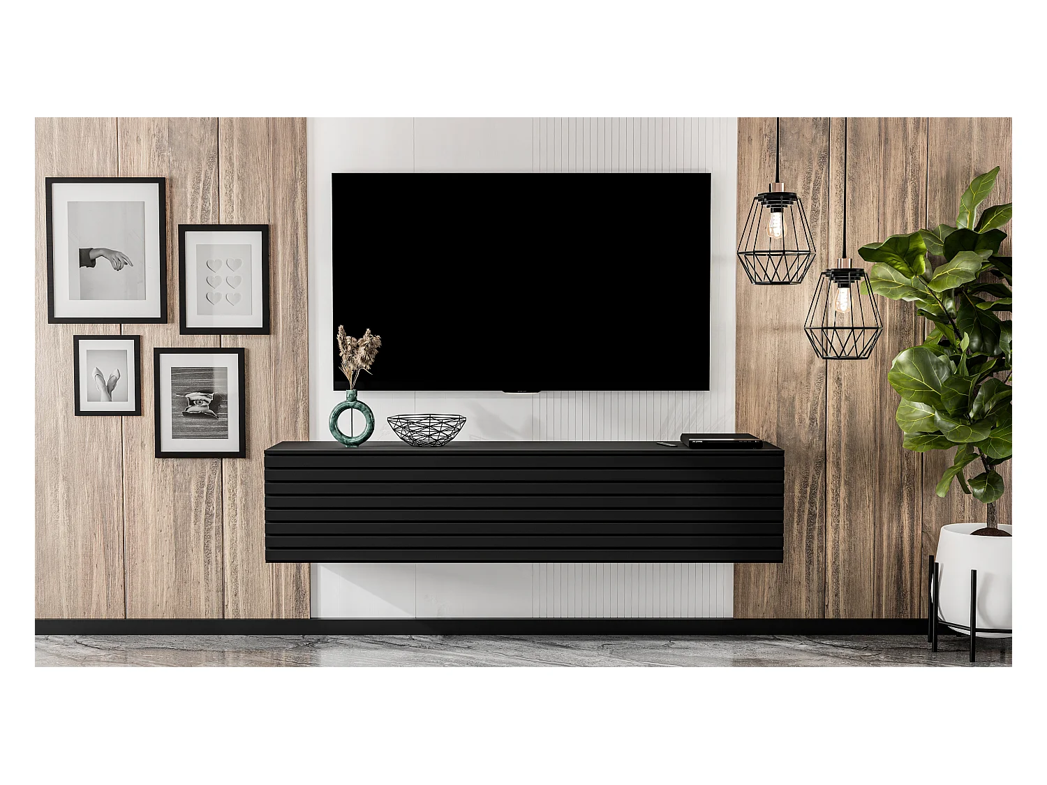 AX LIVING tv kast ZIVOLLI 160 cm zwart ribbel modern tv meubel zwevend