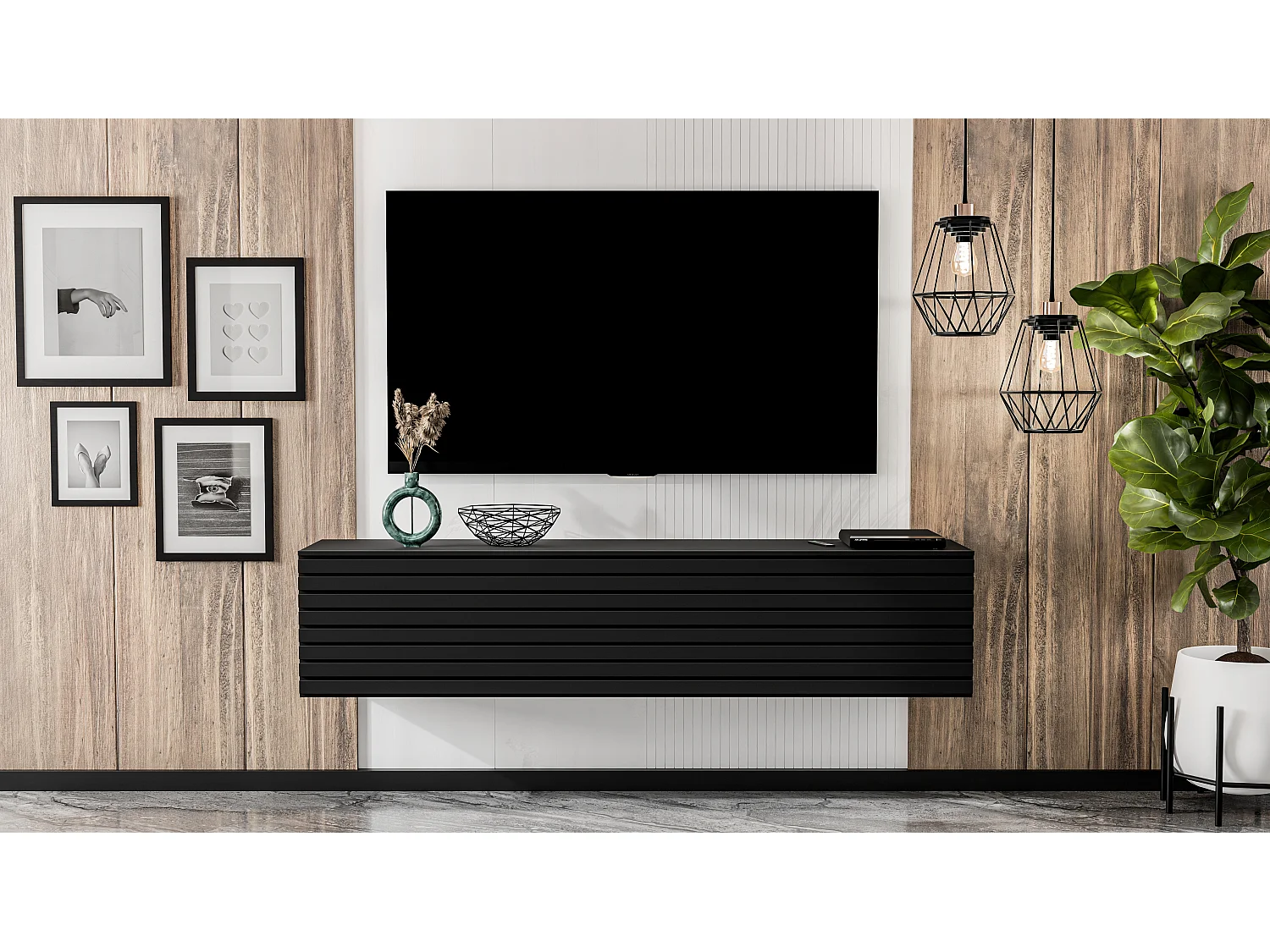 AX LIVING Lowboard TV ZIVOLLI 160 cm Schwarz mit Riffel-Front